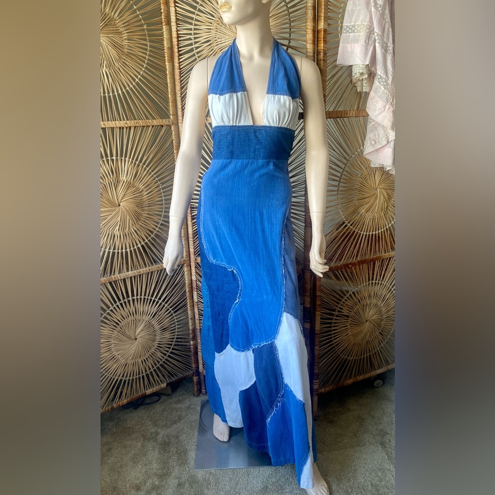 Vintage Pat-Chez Blue Denim Patchwork Halter Maxi Dress Size XS